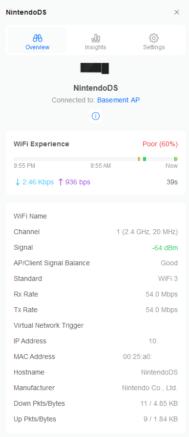 A network device information screen for "NintendoDS". The Wifi standard listed is Wifi 3.