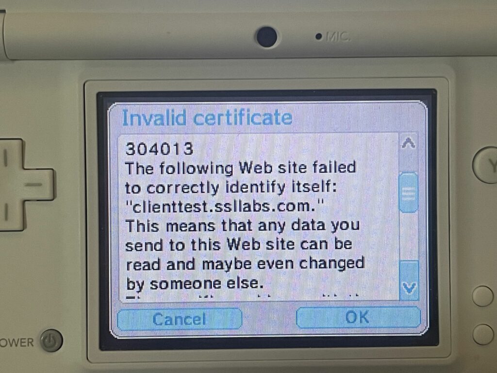 Message box with "The following Web site failed to correctly identify itself: "clienttest.ssllabs.com."