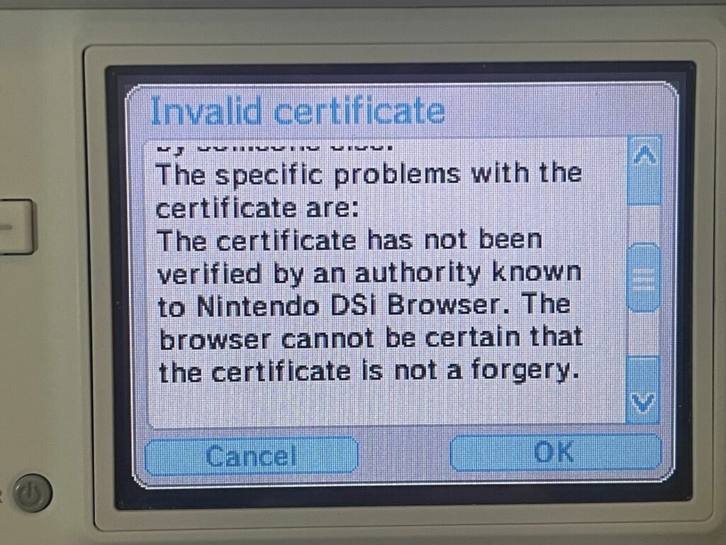 Message box with "The certificate has not been verified by an authority known to Nintendo DSi Browser."