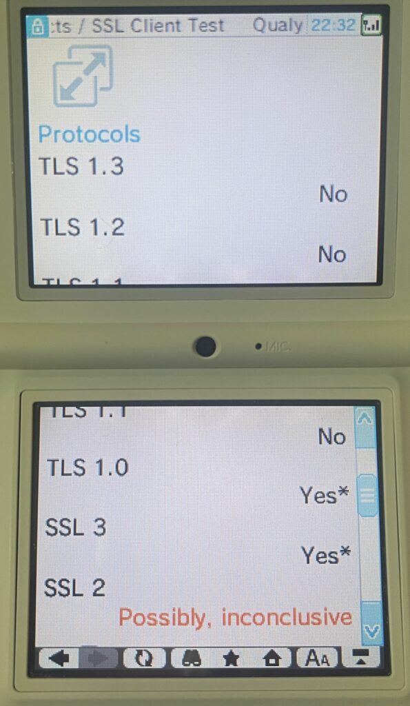 A listing of supported TLS/SSL protocols. TLS 1.3, 1.2 and 1.1 are listed "No", while TLS 1.0 and SSL 3 are listed "Yes". SSL 2 says "Possibly, inconclusive".