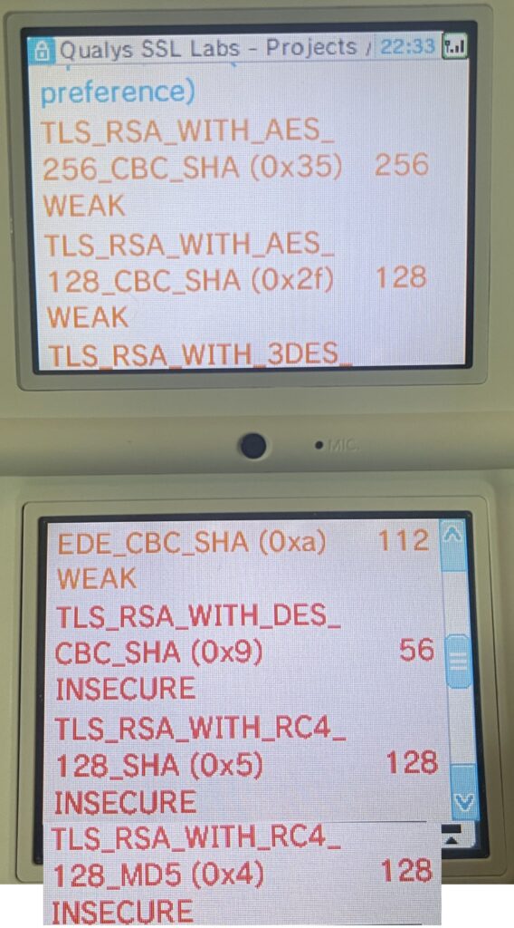 A list of cipher suites are visible. 3 of the ciphers are listed as "WEAK", while 3 are listed as "INSECURE".