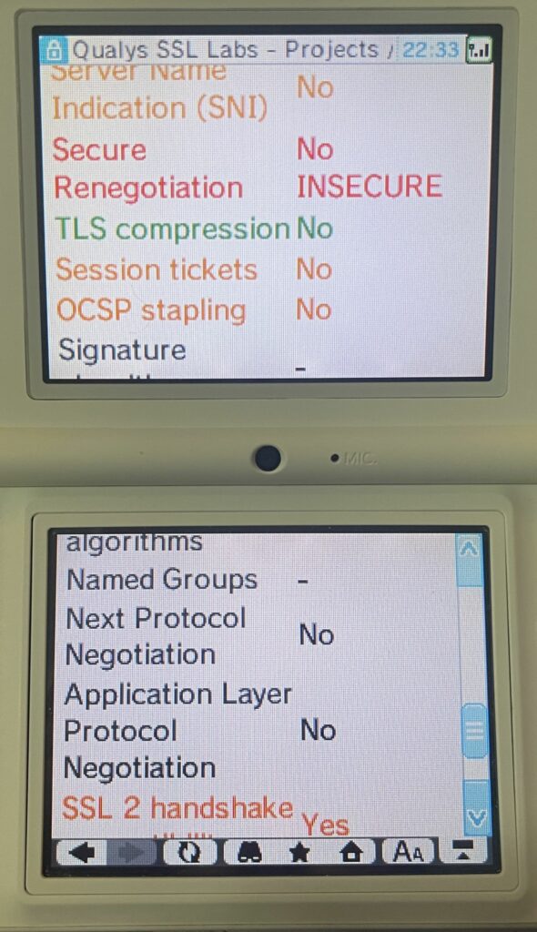 A list of other TLS/SSL attributes. Server Name Indication is listed as "No". Secure Renegotiation is also listed as "No", with the text "INSECURE".