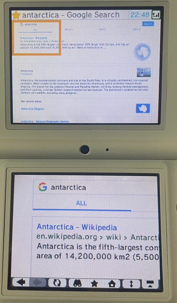 Google search results for "Antarctica" on the DSi screen. 