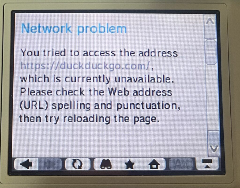 A network problem error page for duckduckgo.com.