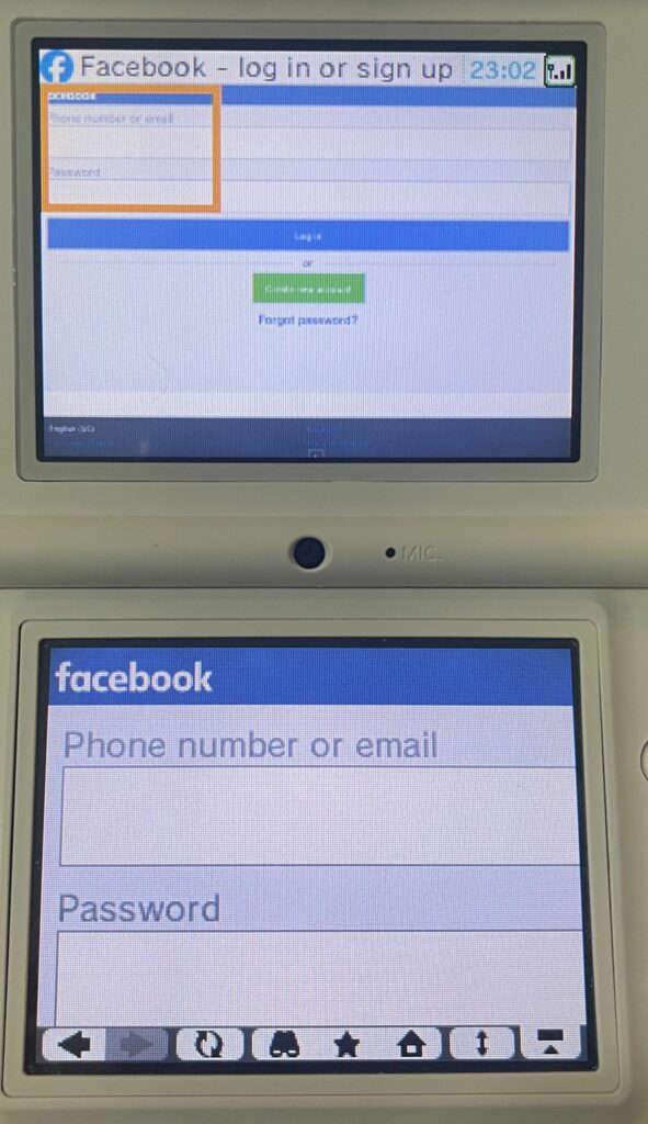 The Facebook login screen with email & password fields visible.