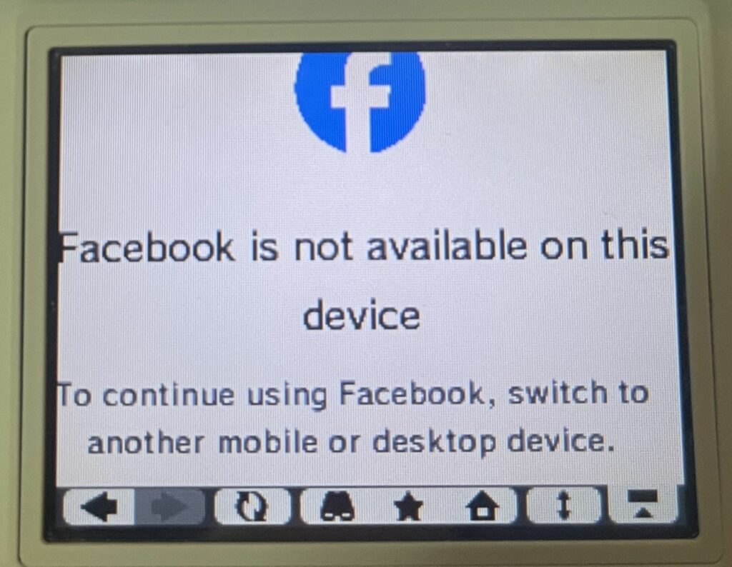 An error message with heading "Facebook is not available on this device". The text says "To continue using Facebook, switch to another mobile or desktop device."