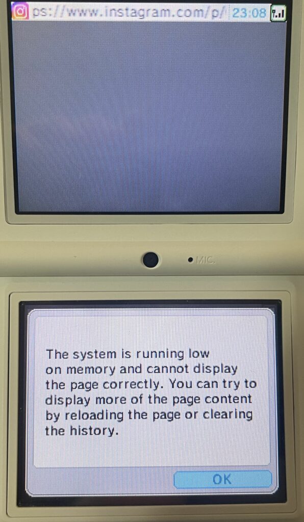 The DSi browser header is visible with "www.instagram.com". An error message box appears with "The system is running low on memory and cannot display this page correctly."