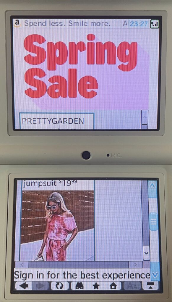 An advertisement with header "Spring Sale" is visible. An item titled "PRETTYGARDEN jumpsuit $19.99" is visible, with a woman wearing a pink jumpsuit and sunglasses.