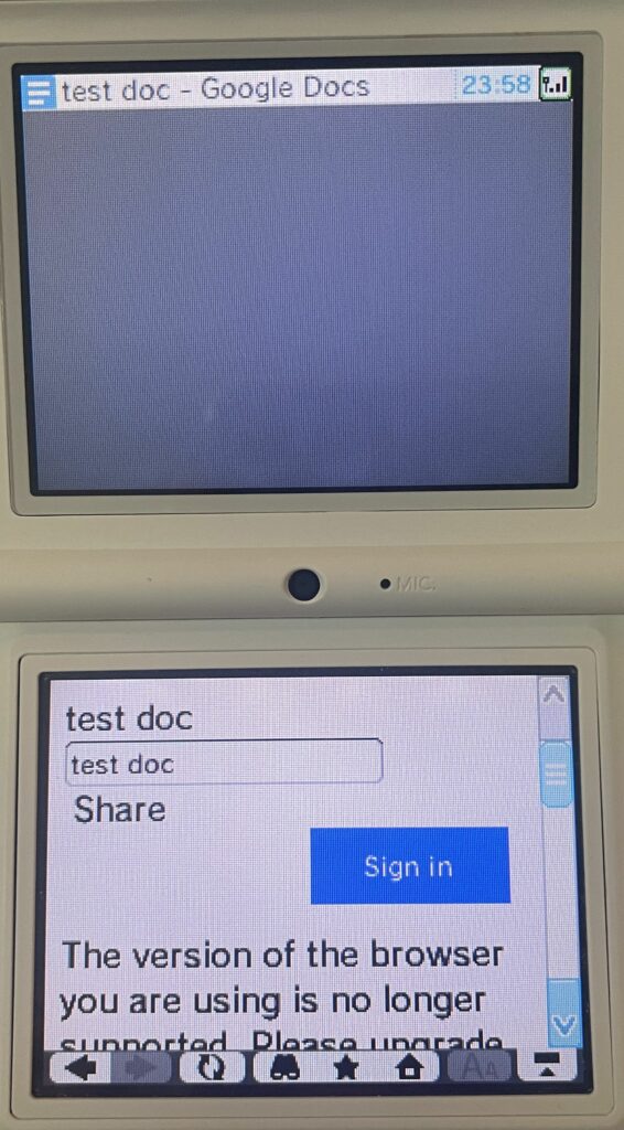 The bottom display of the DSi displays an error of "The version of the browser you are using is no longer supported." "test doc - Google Docs" is visible on the header of the top display.