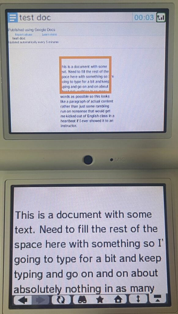 A Google Doc is visible on both displays of the DSi, with example text filling the screen.
