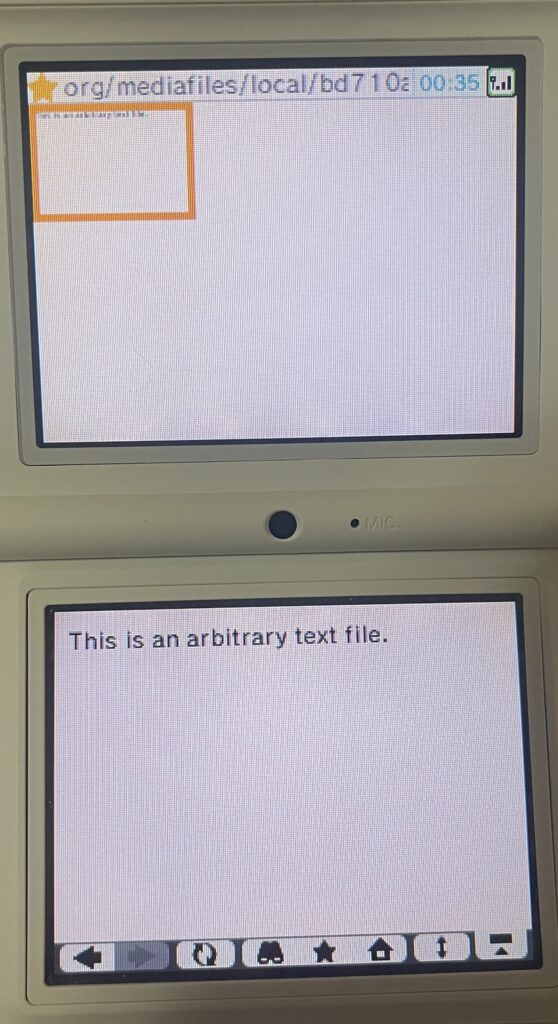 The text "This is an arbitrary text file." is displayed on the bottom screen of the DSi.