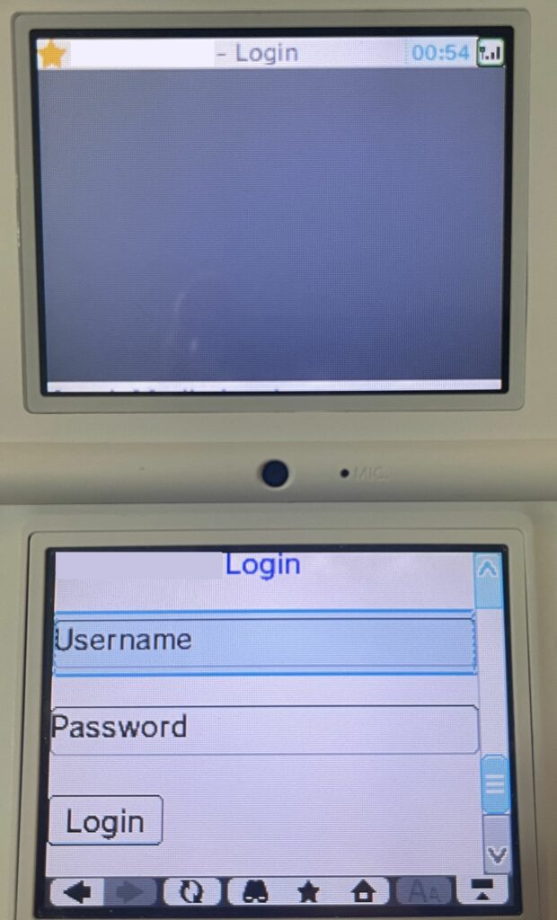 An unskinned login page is visible on the bottom display, with username & password fields and a login button.