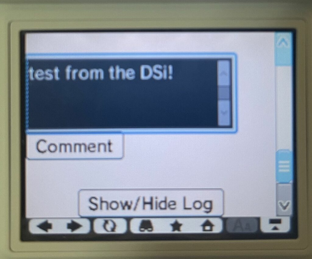 A text input box is visible with "test from the DSi!" filled in.