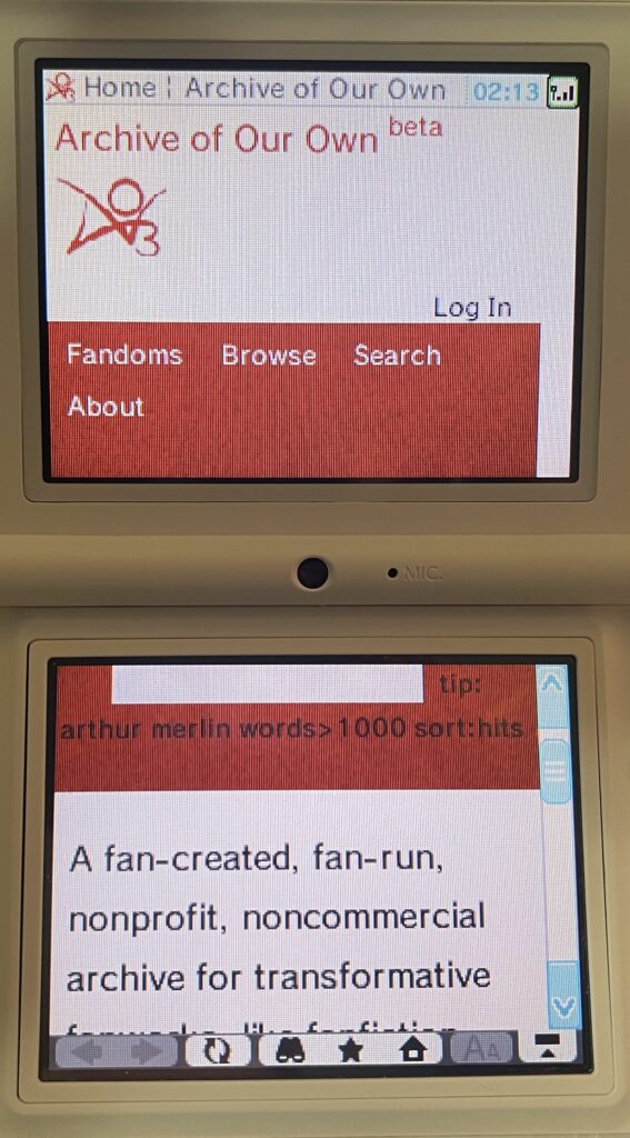 The AO3 homepage is visible, split between the top and bottom screens of the DSi.