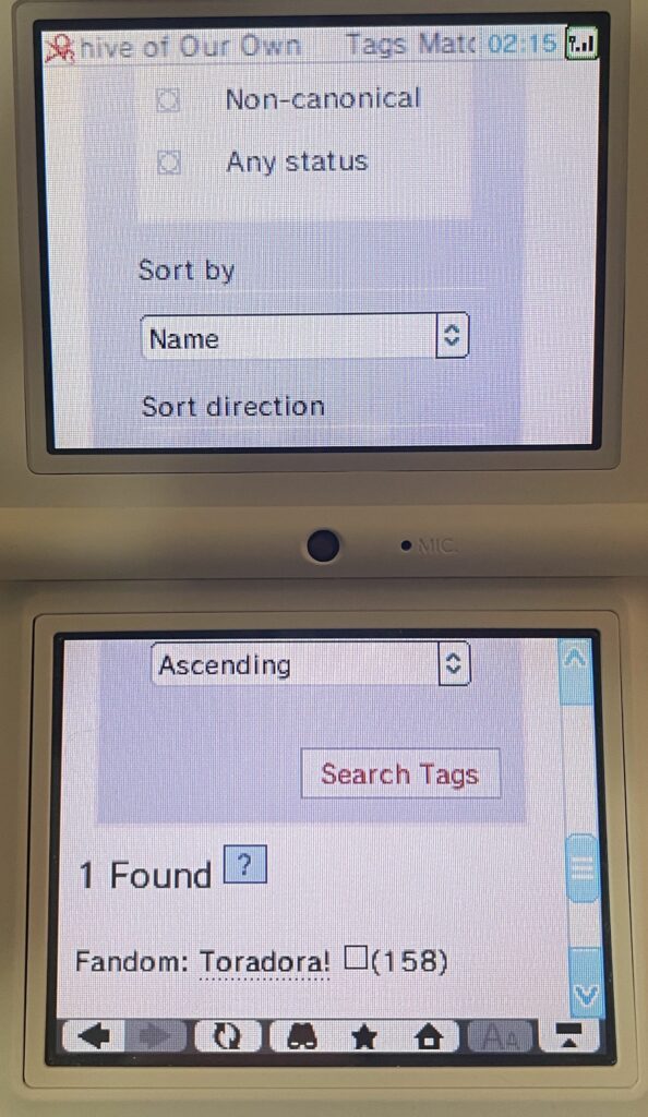 The AO3 tag search is visible, split between both DSi displays. 1 tag is found in the search, the fandom tag of "Toradora!".