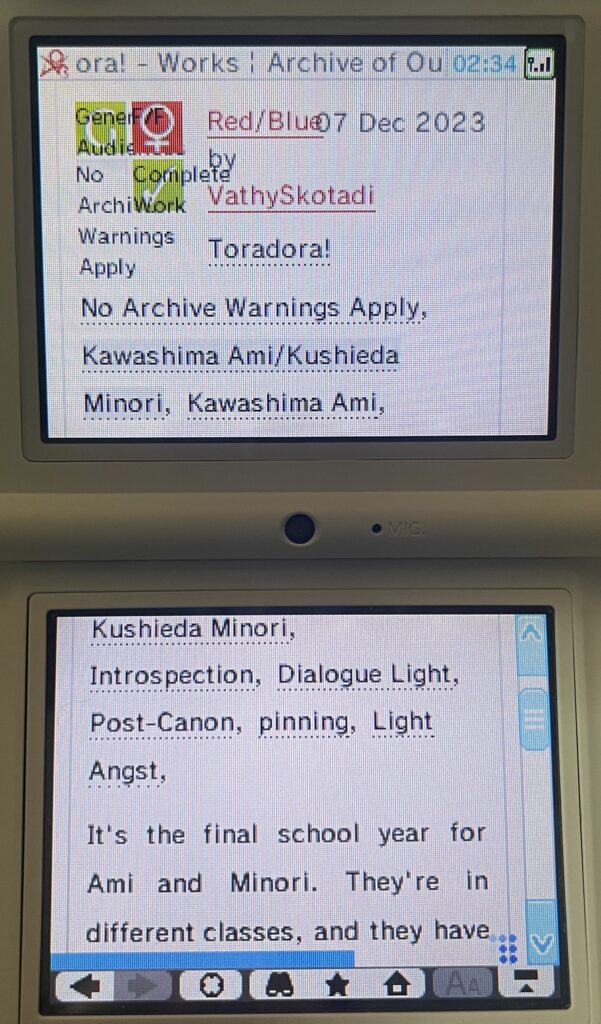 A work under the "Toradora!" fandom is visible, with title "Red/Blue" and various tags.